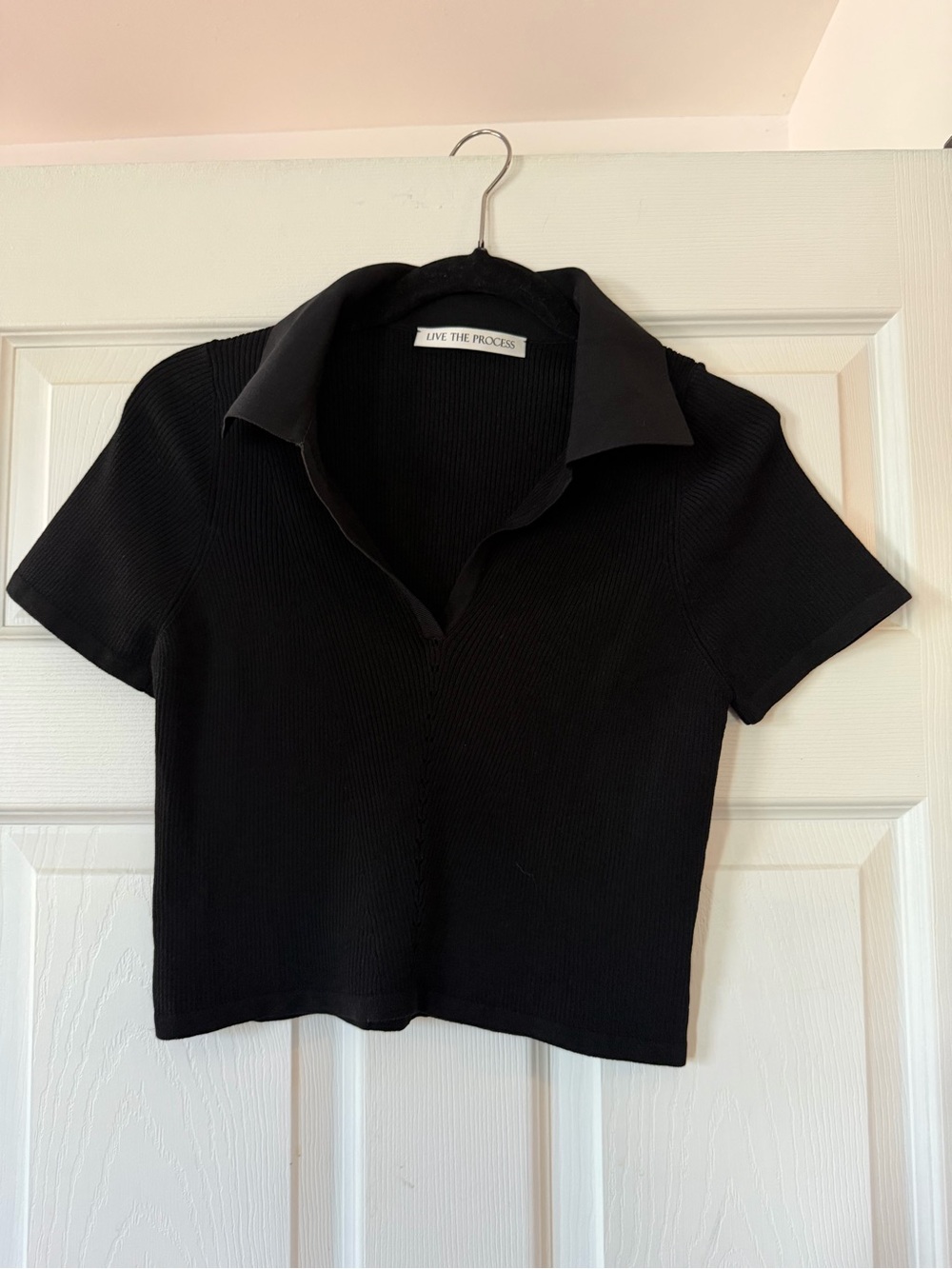 Live The Process Black Ribbed Polo Crop Tee